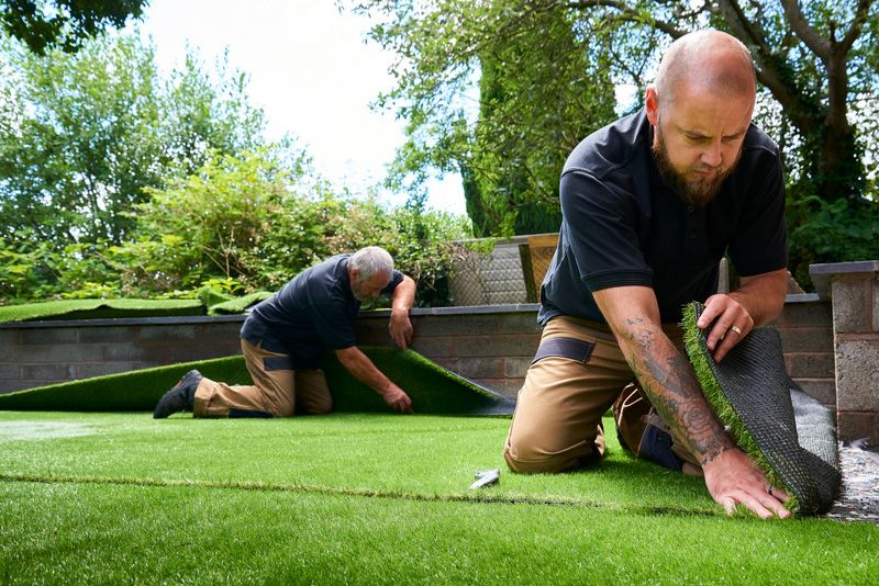 two men laying artificial grass
