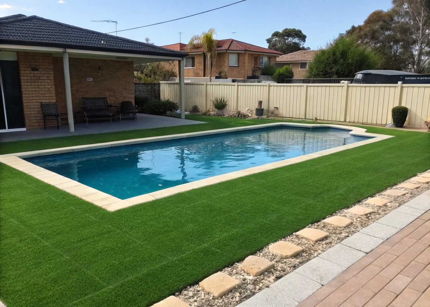 Roll-out artificial grass being unrolled and cut to size on a residential backyard in Newcastle