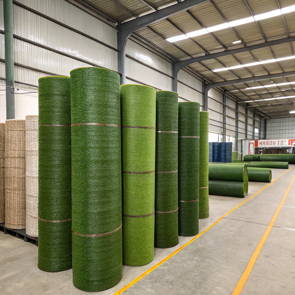 Multiple rolls of artificial grass in different widths stacked at a turf supply warehouse in Newcastle