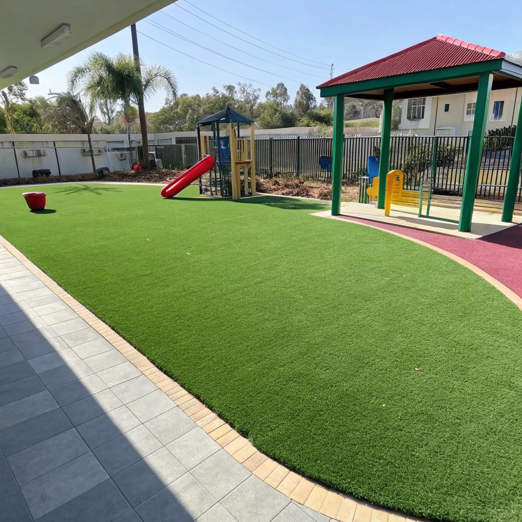 Childcare centre outdoor play space with synthetic grass surface and playground equipment Hunter Region NSW