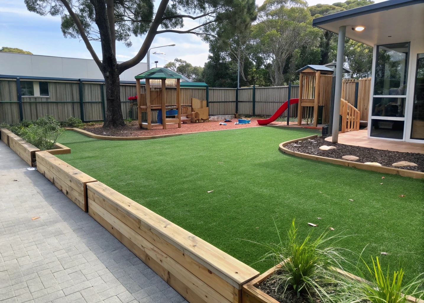 Completed synthetic turf installation at a childcare centre with playground equipment and soft fall impact zones Newcastle