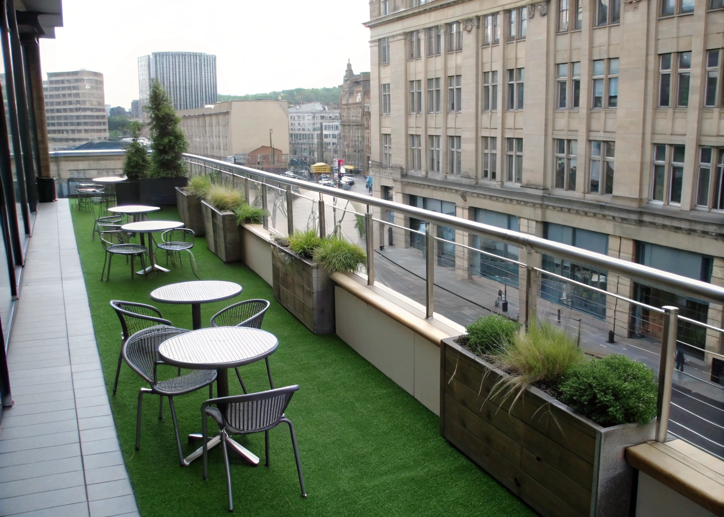 Commercial balcony with synthetic grass installation at a Newcastle cafe or hotel