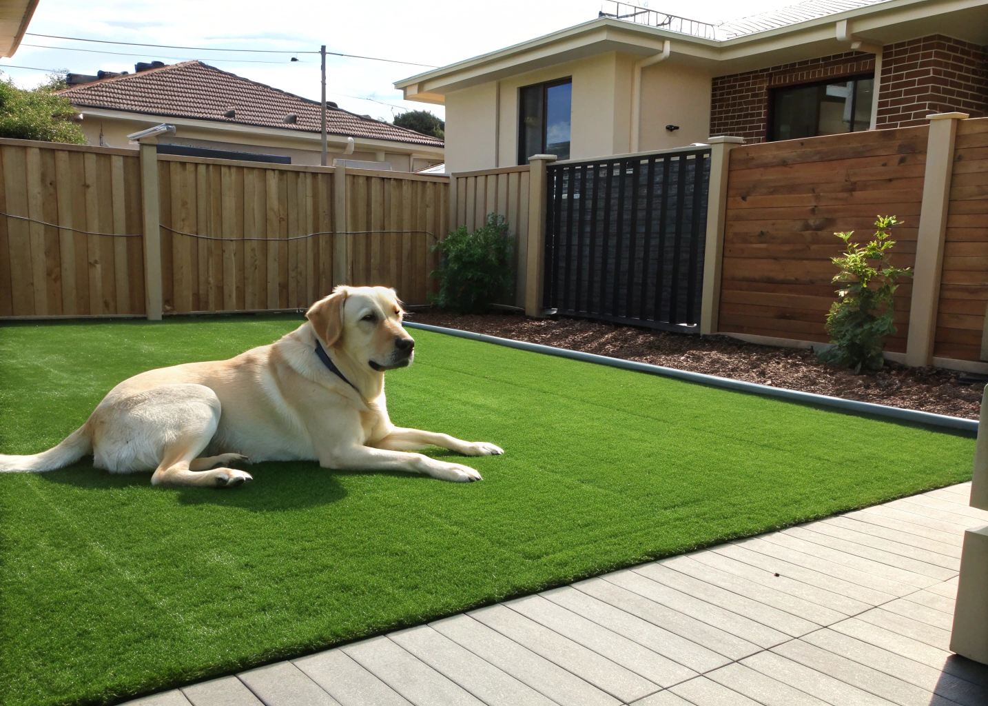 large dog resting on clean pet turf installation in Newcastle backyard