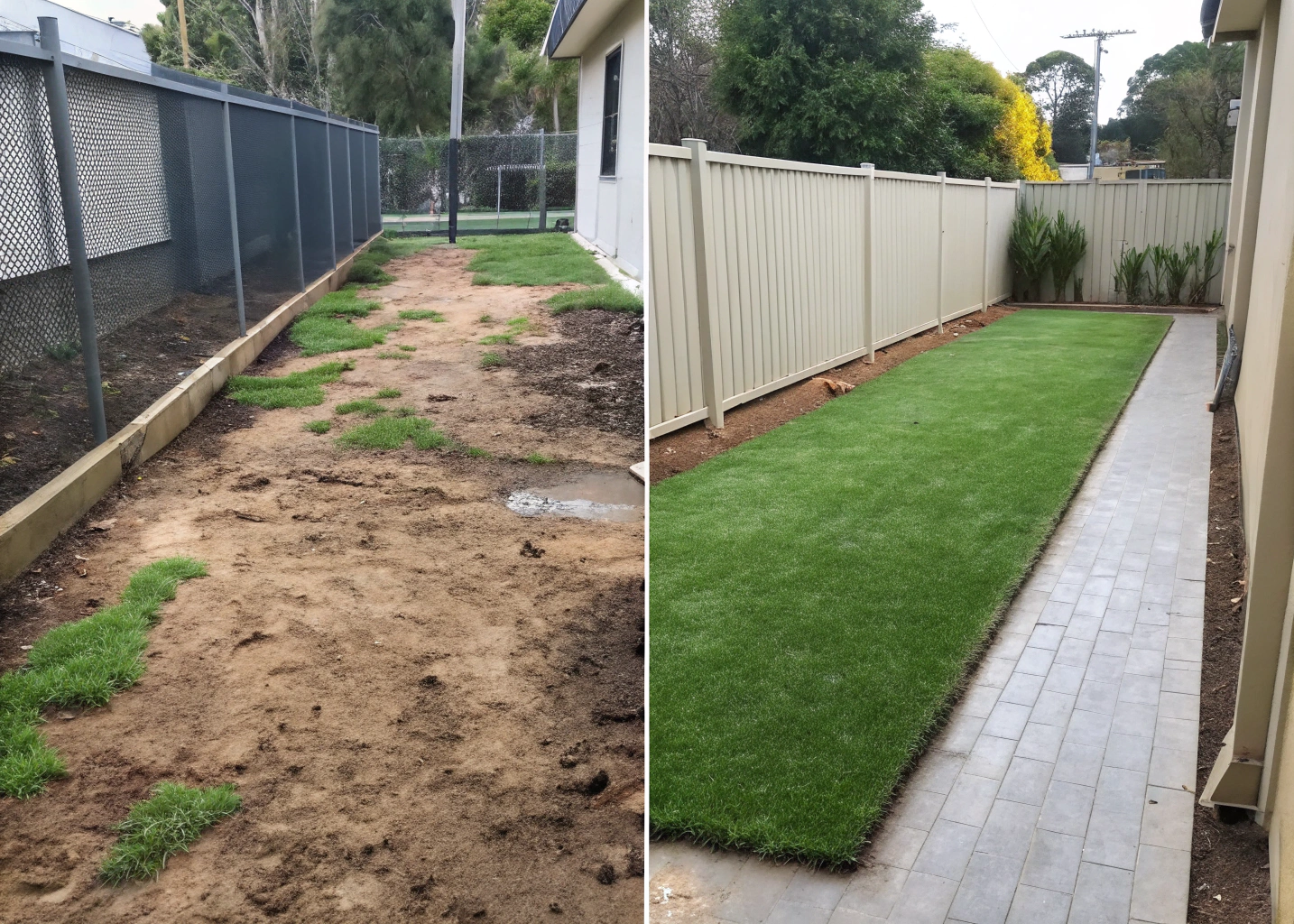 Before and after dog run transformation with artificial grass in Newcastle side yard