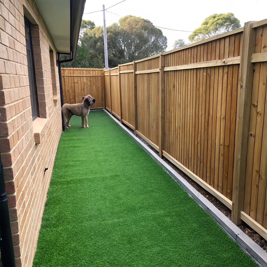 Completed dog run artificial turf installation in Newcastle backyard
