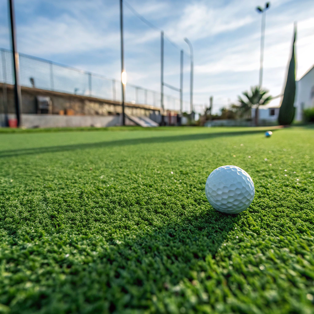Close up surface texture of nylon putting green turf showing dense directional grain