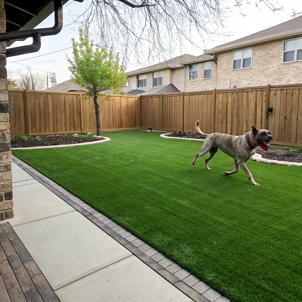 Large dog running on pet-friendly synthetic grass in a Newcastle backyard