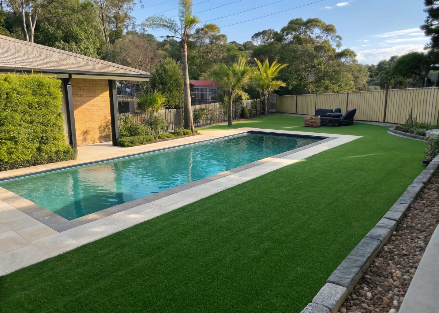 Pool surround artificial turf installation Newcastle residential backyard