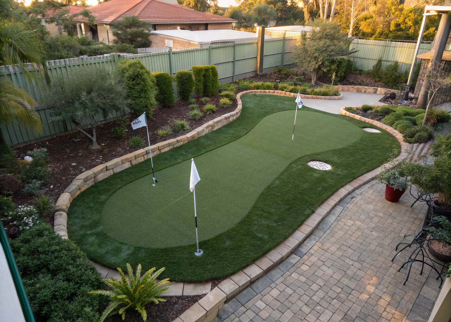 Completed backyard synthetic putting green in Newcastle residential garden