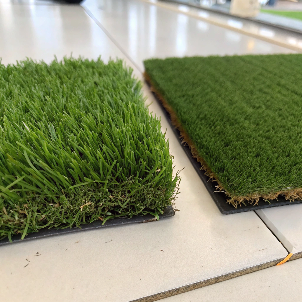 Close up comparison of putting green turf pile height versus standard artificial grass Newcastle