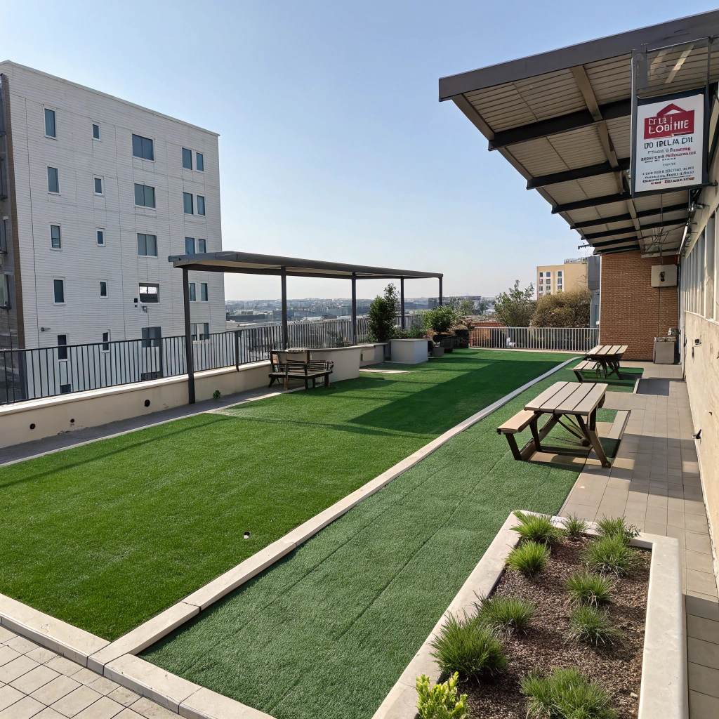 Communal rooftop artificial grass area on residential apartment building