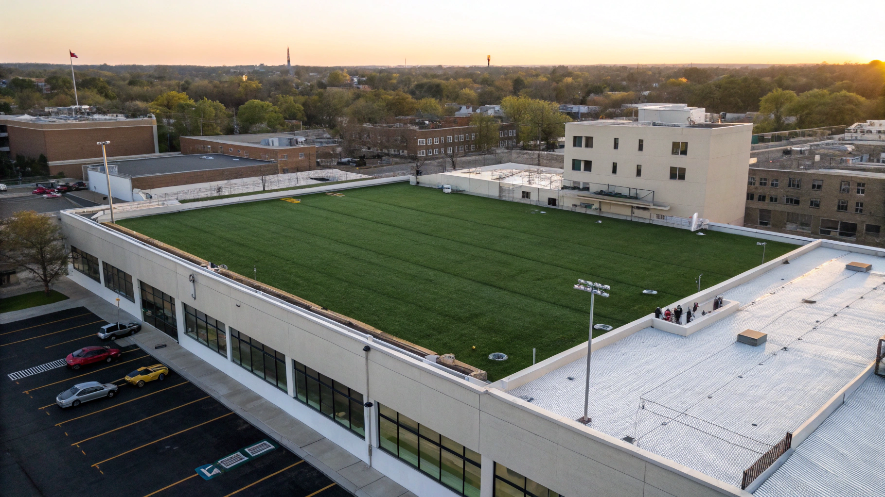 Rooftop artificial lawn installation on a commercial property in Newcastle