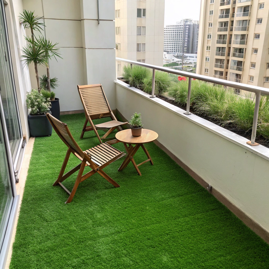 Synthetic grass balcony installation on a Newcastle apartment with outdoor furniture and city views