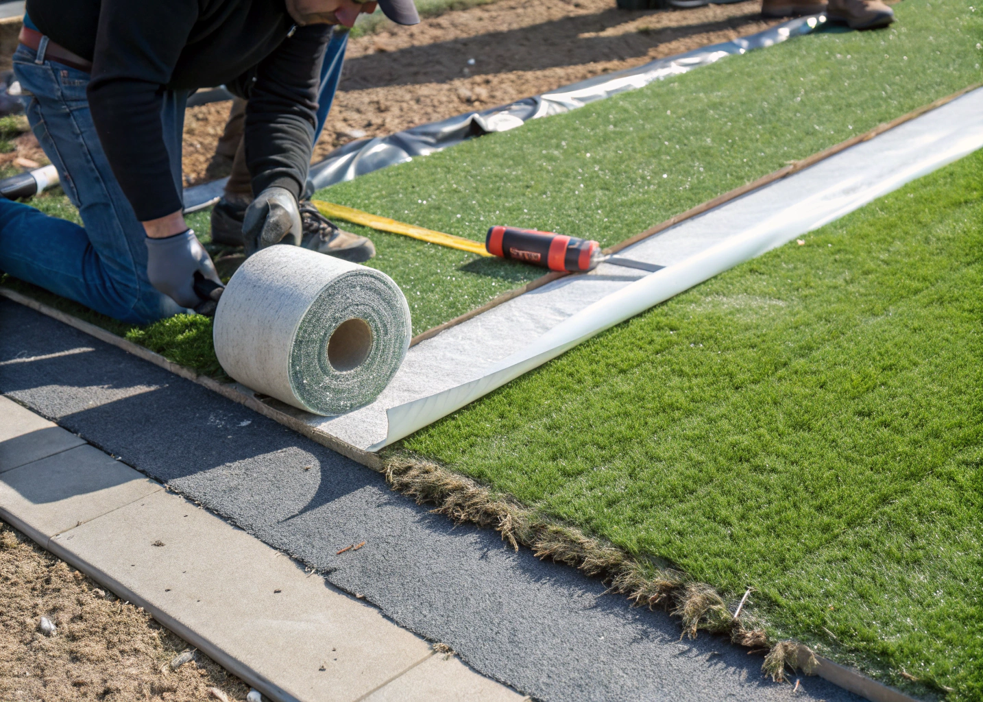 Synthetic grass seam being joined with tape and two-part adhesive during DIY installation Newcastle