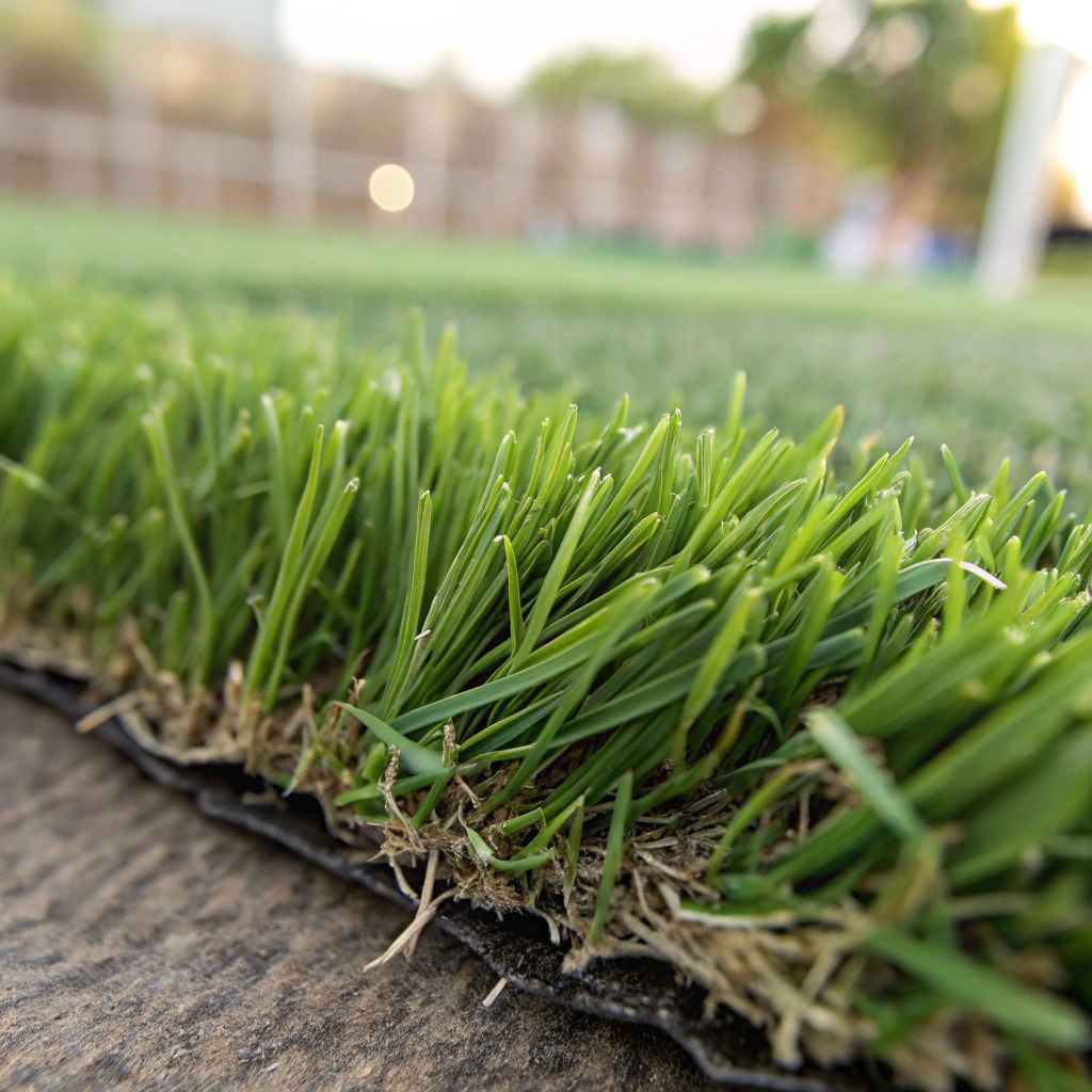 Close-up of synthetic grass pile height and blade texture detail