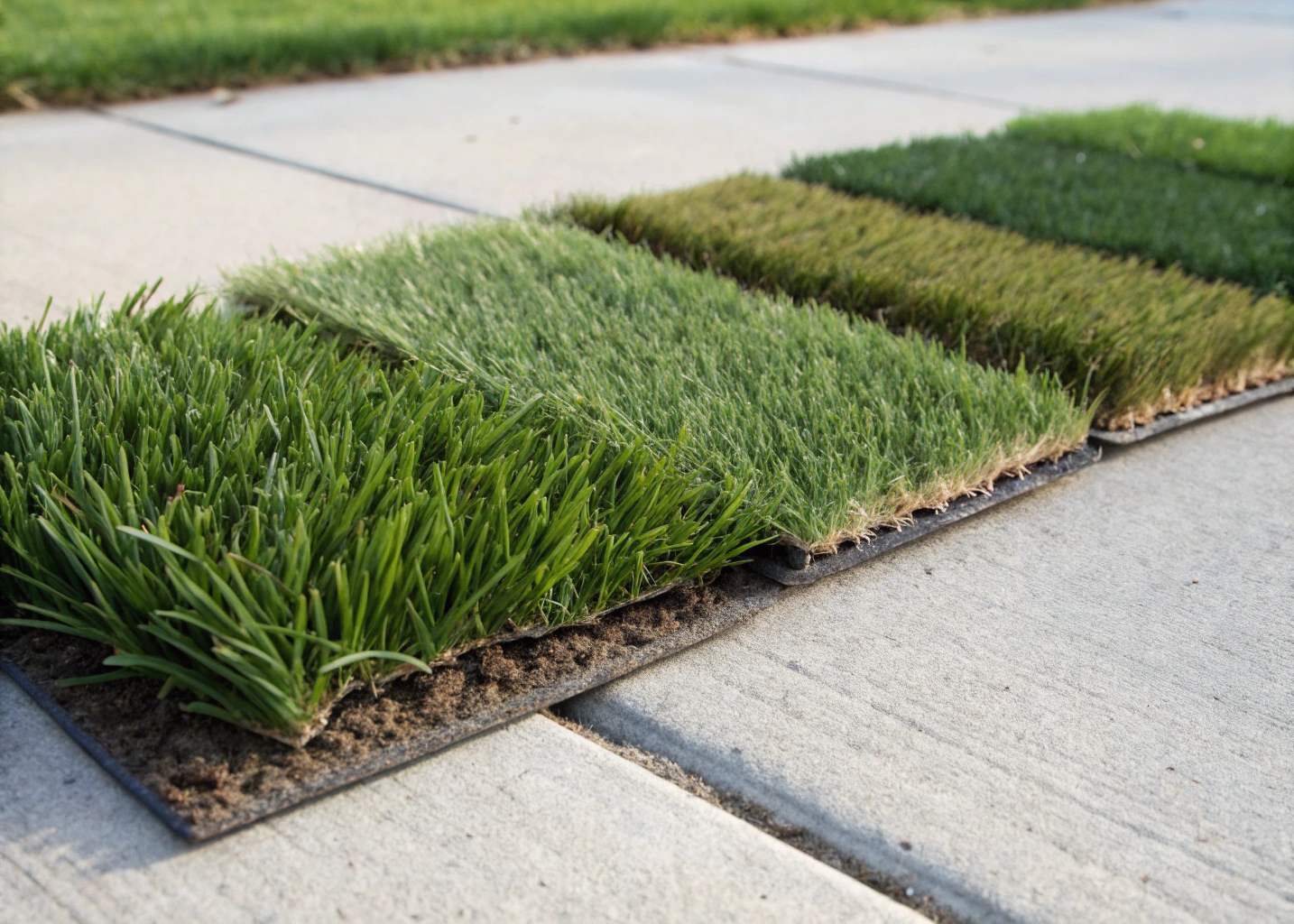Synthetic grass samples laid out for selection at a Newcastle turf supplier